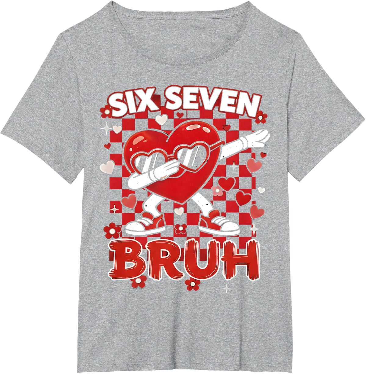 Six Seven Bruh 67 Checkered Valentines Teens Boys Girls Kids T-Shirt - Heather Grey