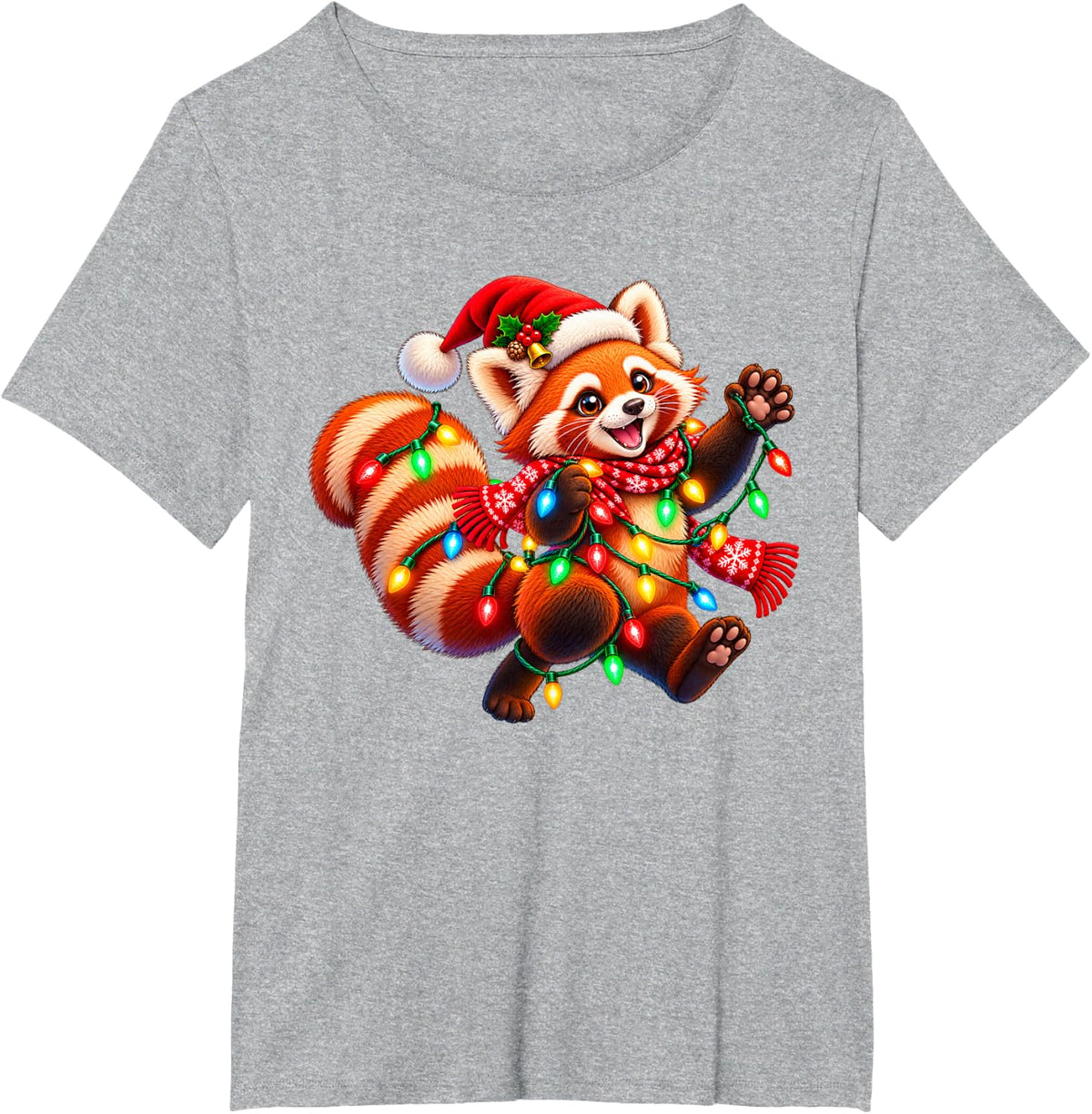 Red Panda Santa Hat Christmas Tree Lights Xmas PJS Kids T-Shirt - Heather Grey