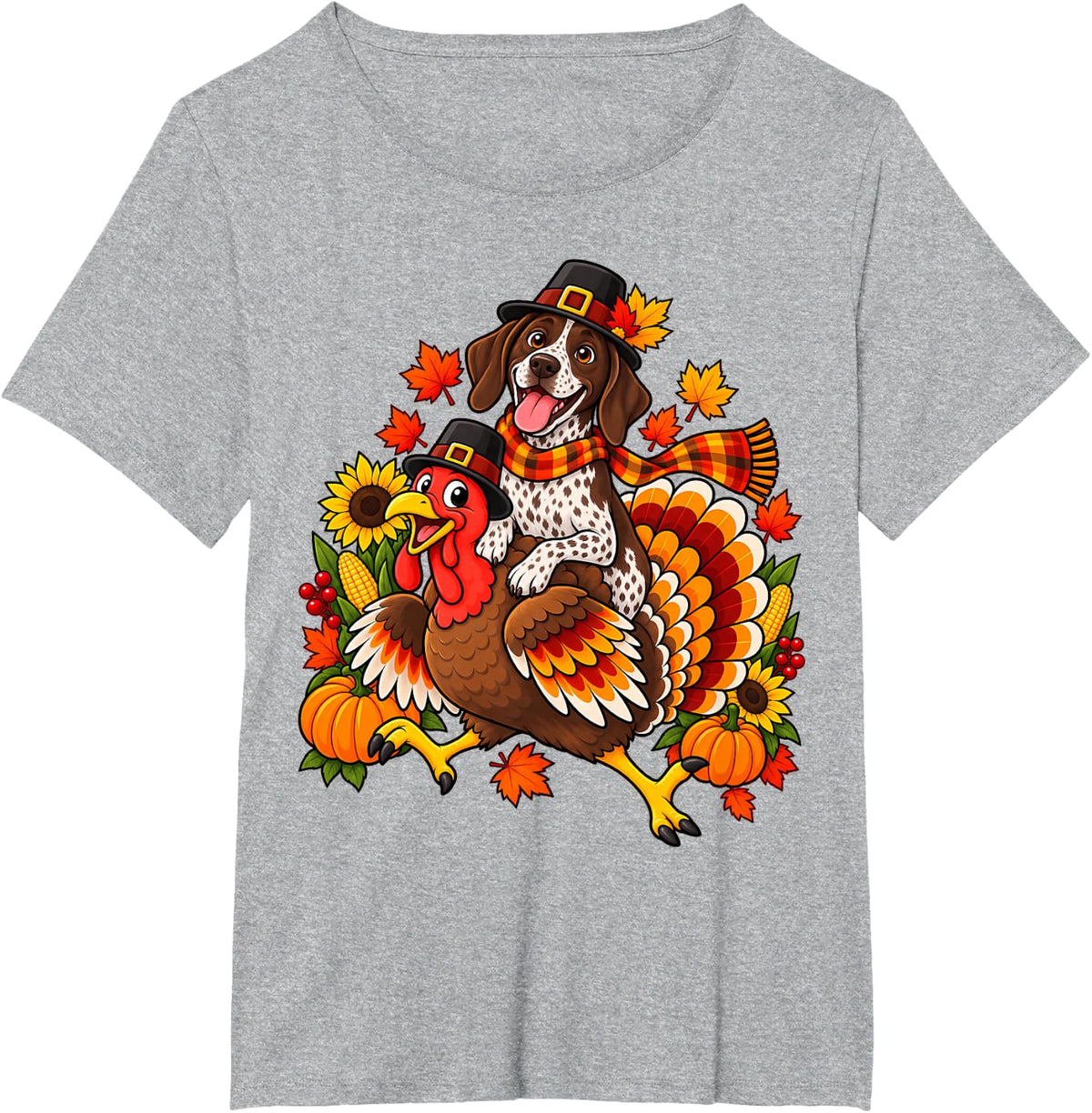 Cute Pilgrim German Shorthaired Pointer Dog Riding Turkey T-Shirt - Heather Grey