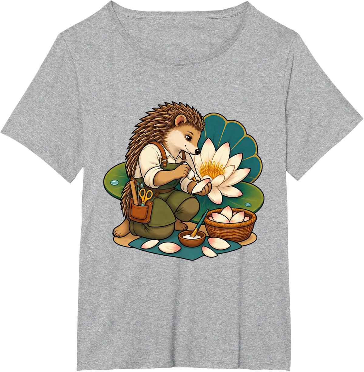 Hedgehog Building a Water Lily for Craft Fans T-Shirt - Heather Grey