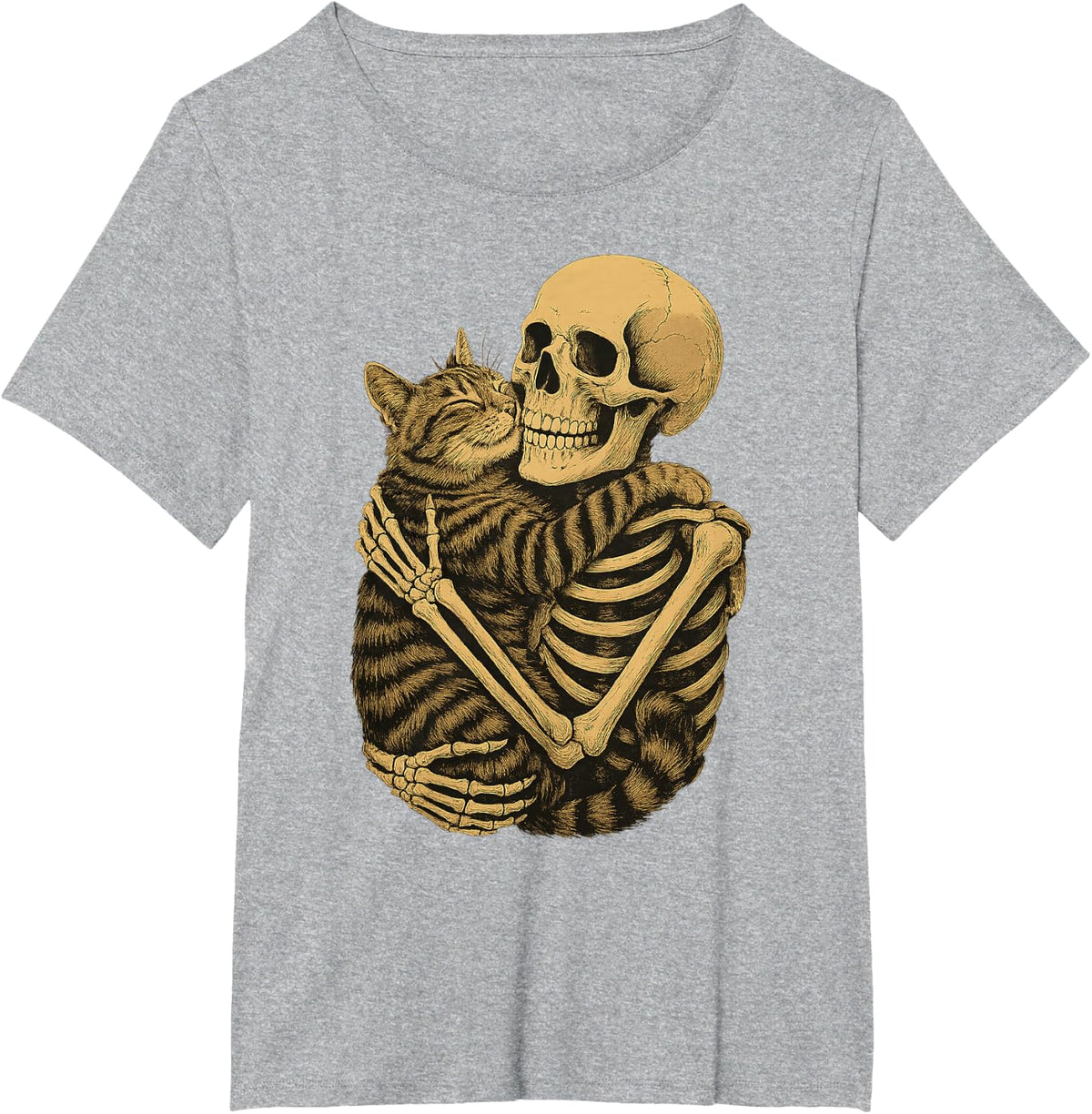 Funny Skeleton Hugging Cat Halloween Cat Lover Cat Mom Dad T-Shirt - Heather Grey