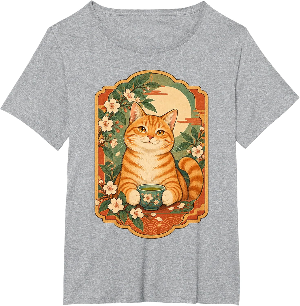 Orange Tabby Cat Botanical Tea Retro Illustration T-Shirt - Heather Grey