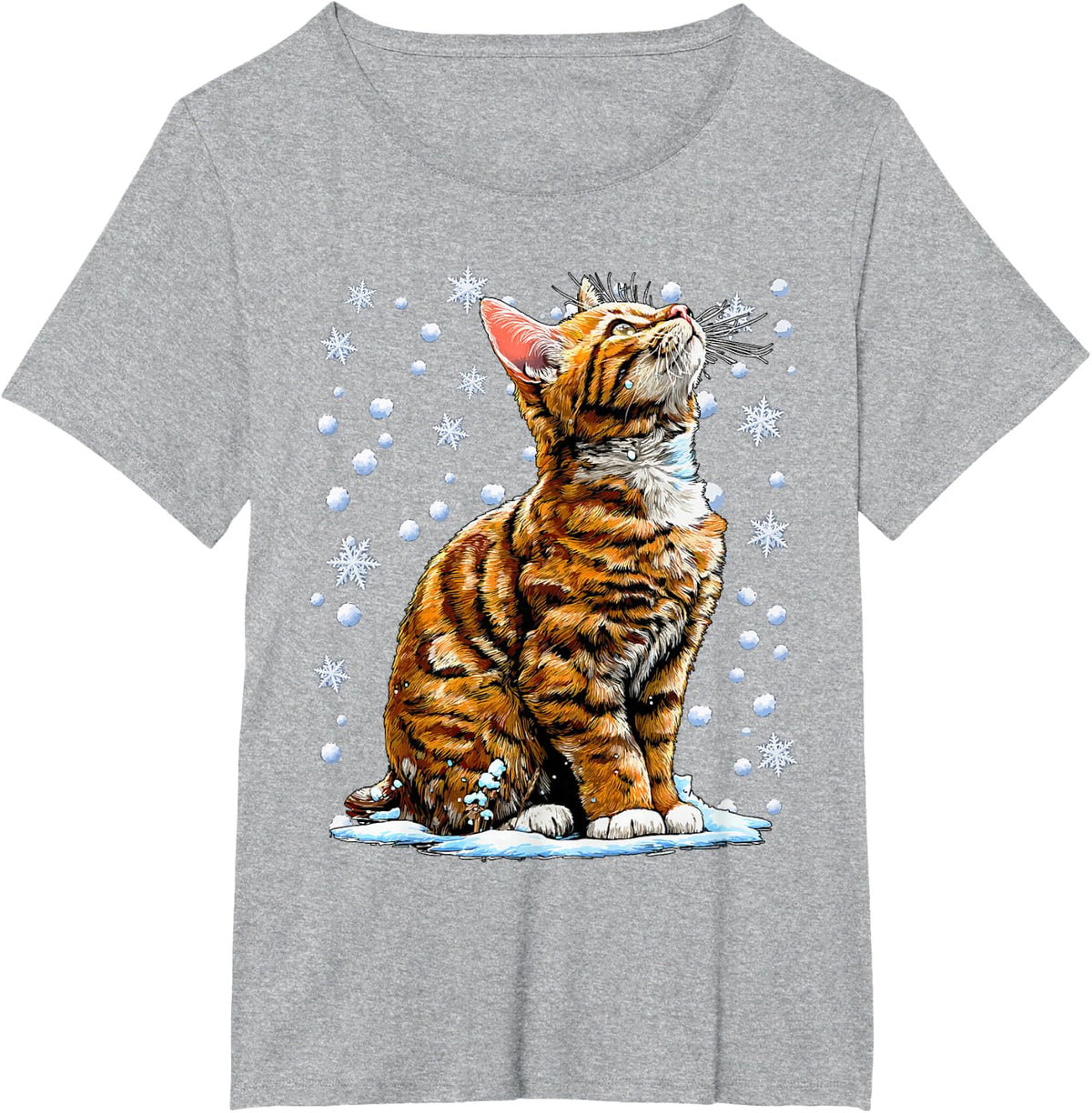 Snowy Tabby Cat with Snow and Snowflakes Cute Winter Kitten T-Shirt - Heather Grey
