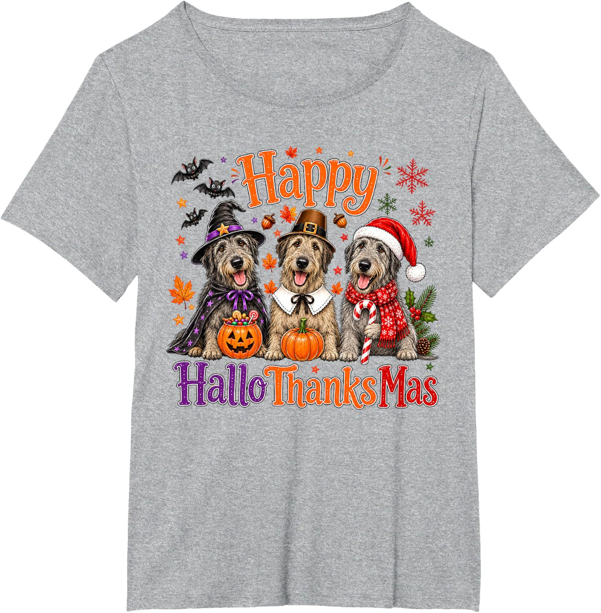 Irish Wolfhound Happy Hallothanksmas Halloween Thanksgiving T-Shirt - Heather Grey