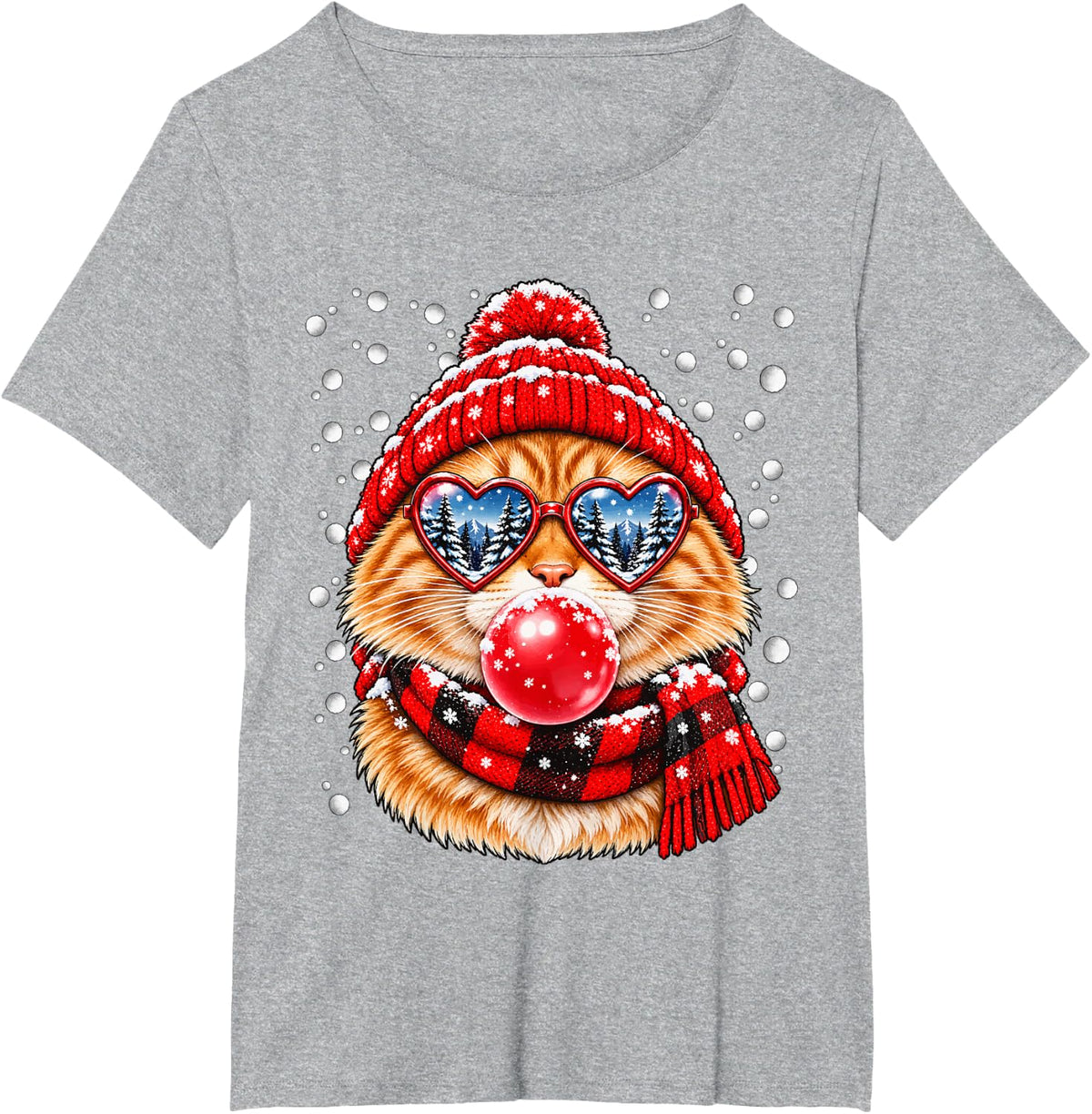 Snowy Tabby Cat with Bubblegum and Hearts Glasses Winter T-Shirt - Heather Grey