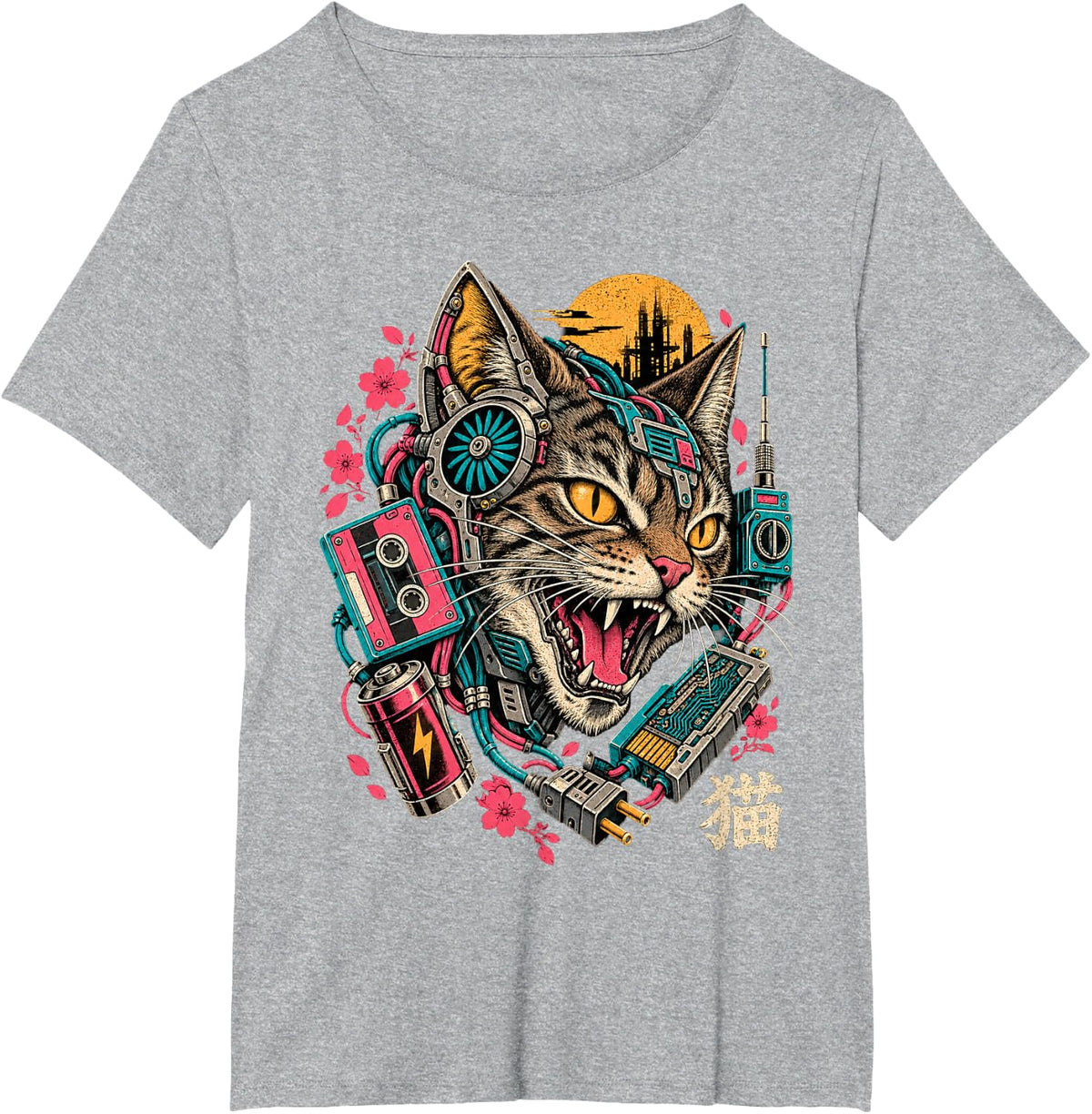 Cyberpunk Tabby Cat Mechanical Japanese Feline Art T-Shirt - Heather Grey