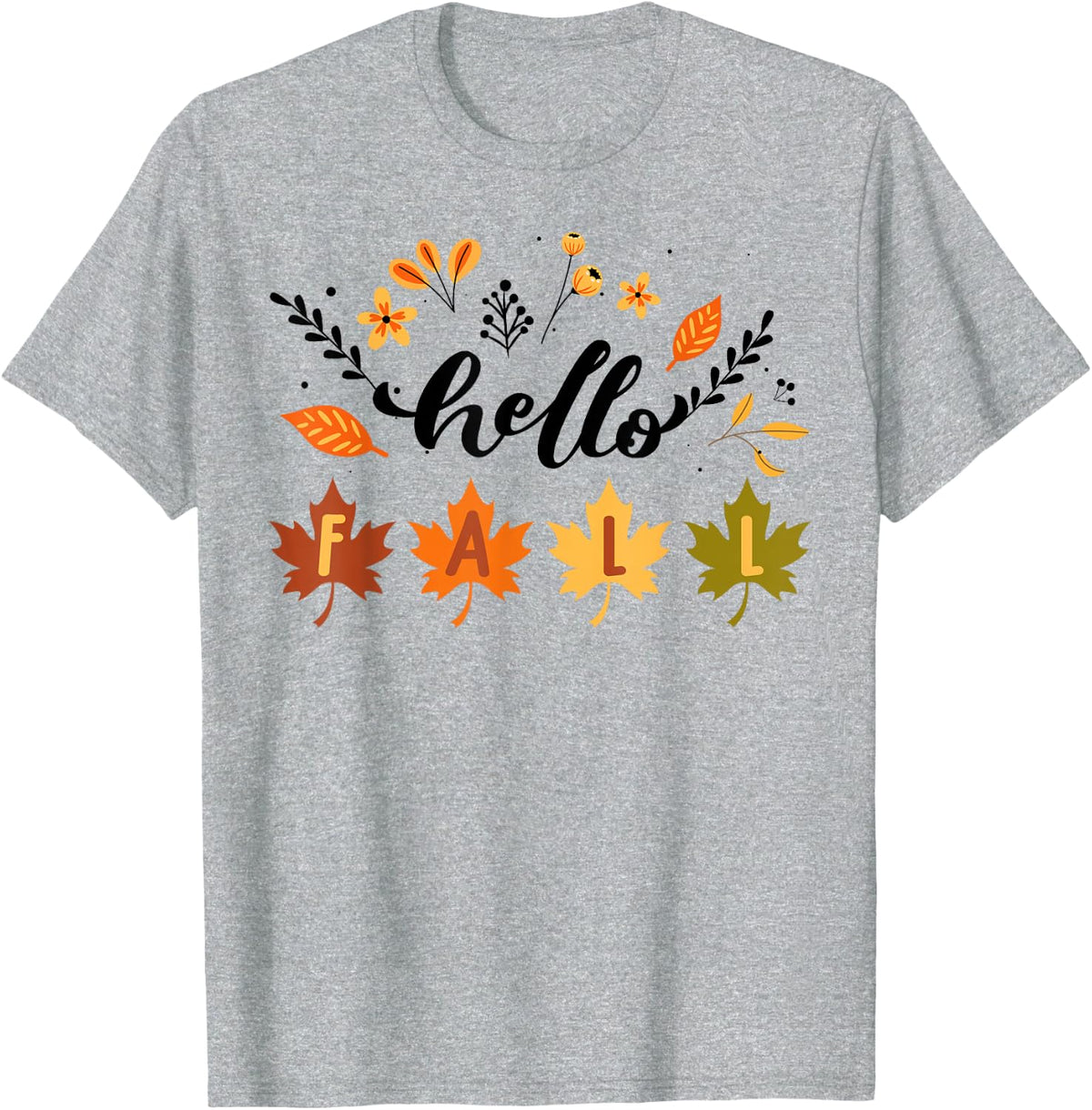 Hello Fall Falling Autumn Leaves Cute Botanic Foliage T-Shirt - Heather Grey
