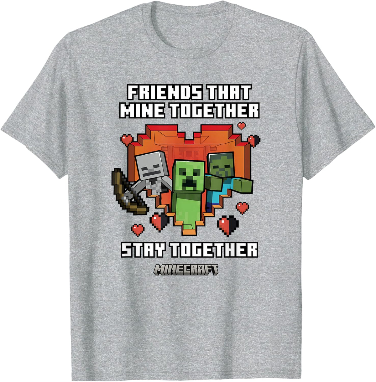 Minecraft Valentine's Day Friends that Mine Together Mobs T-Shirt Small - Heather Grey