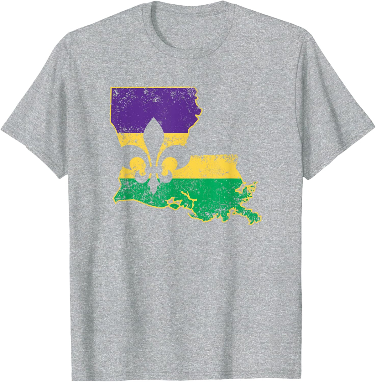 Louisiana Mardi Gras Flag State Outline Fleur De Lis T-Shirt - Heather Grey