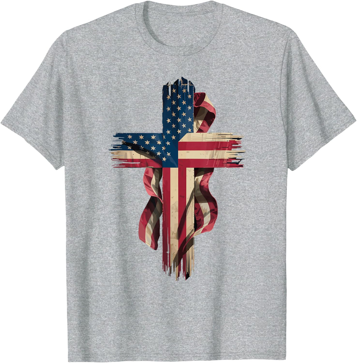 Patriotic Christian Cross USA Flag T-Shirt - Heather Grey