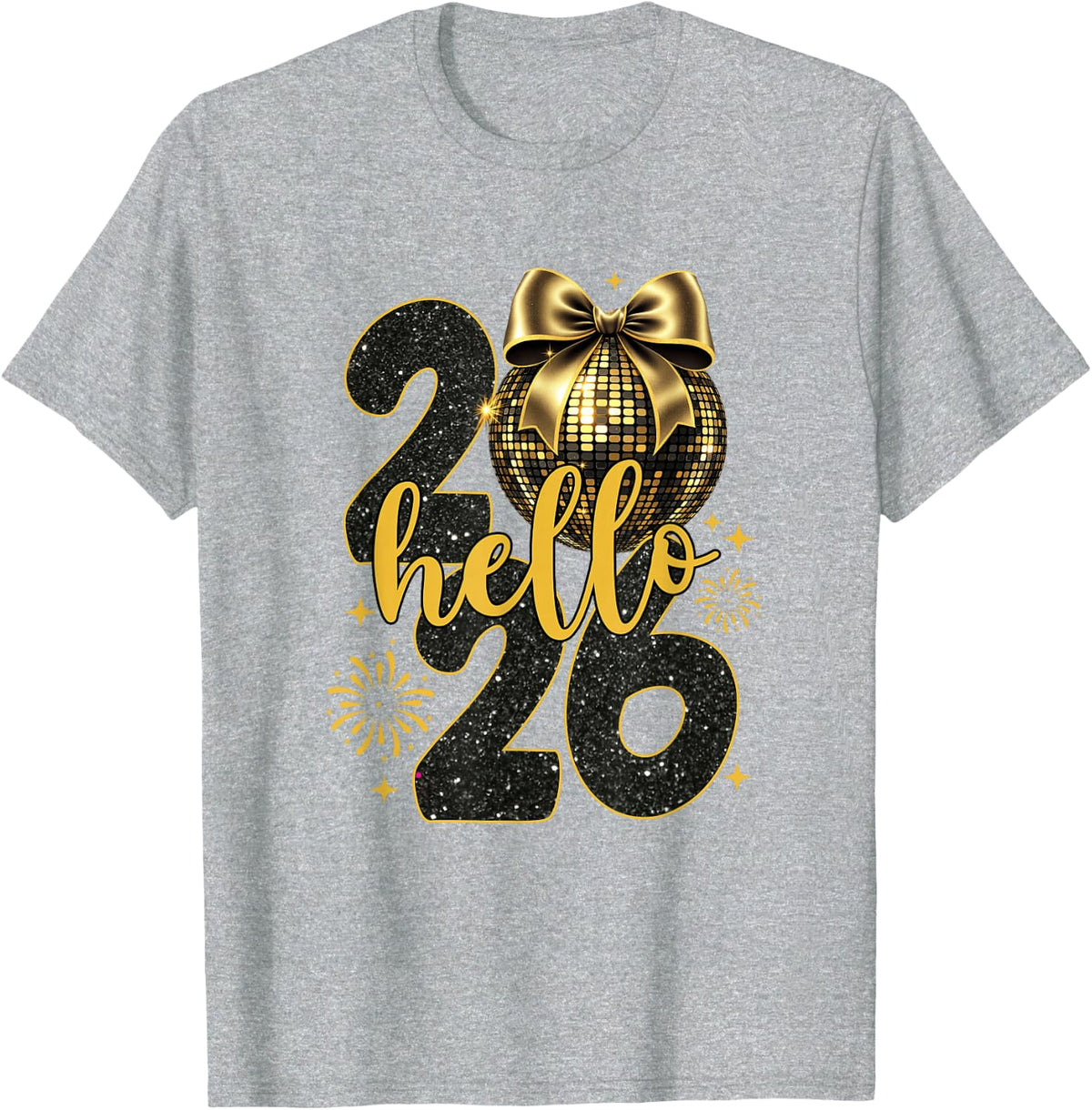 Hello 2026 Coquette Bow Disco New Year Countdown Fireworks T-Shirt - Heather Grey