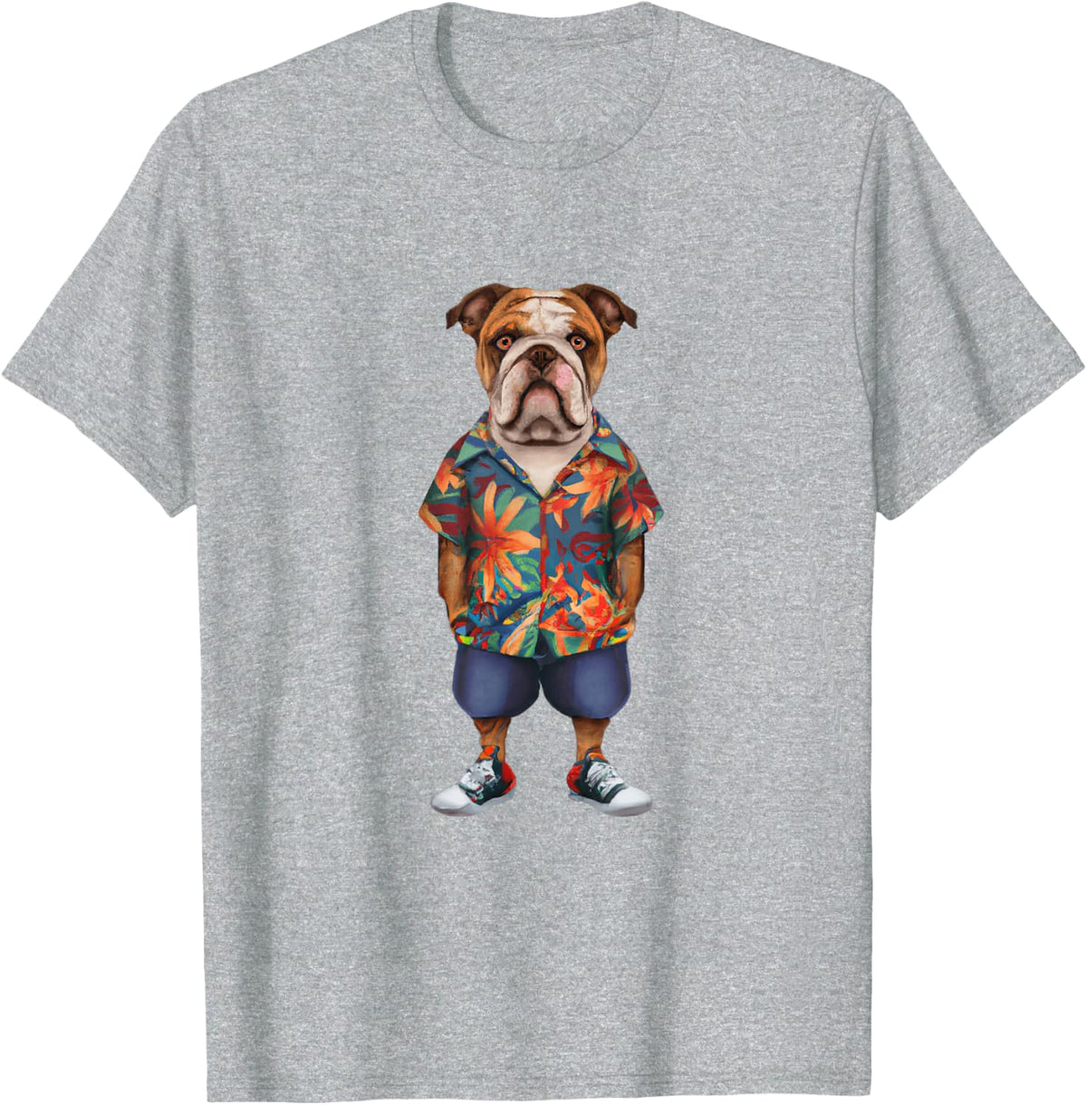 Bulldog Wearing A Hawaiian Shirt And Shorts T-Shirt - Heather Grey