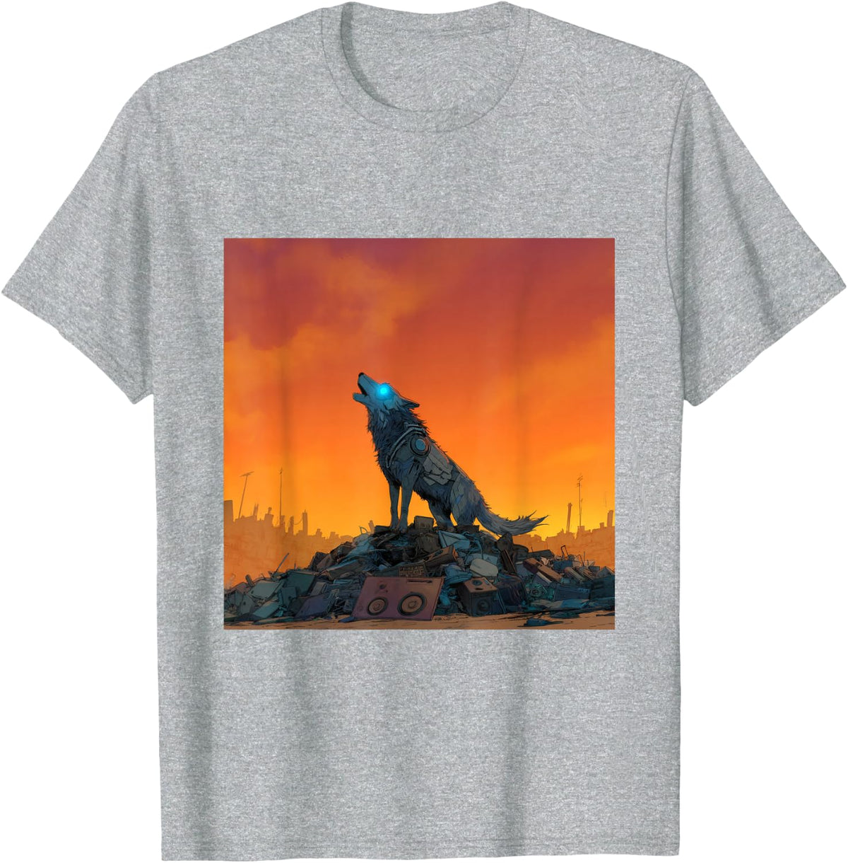 Cyberpunk Wolf Howling Wasteland Apocalypse T-Shirt - Heather Grey
