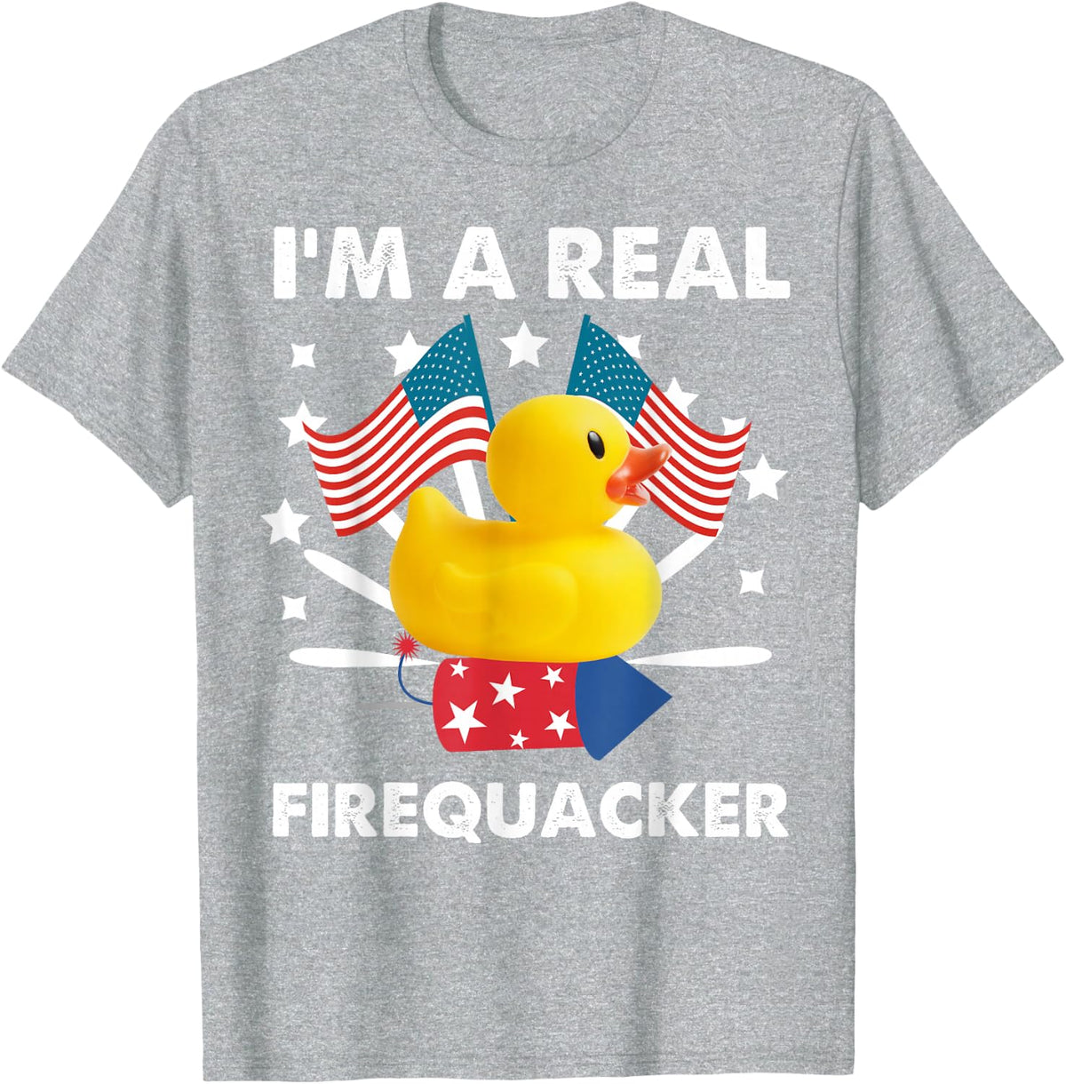 Funny Firequacker Duck Patriotic USA Flag T-Shirt - Heather Grey