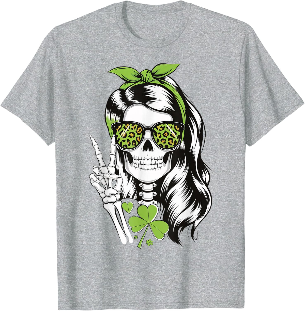Woman Skull St. Patricks Day Messy Bun T-Shirt - Heather Grey