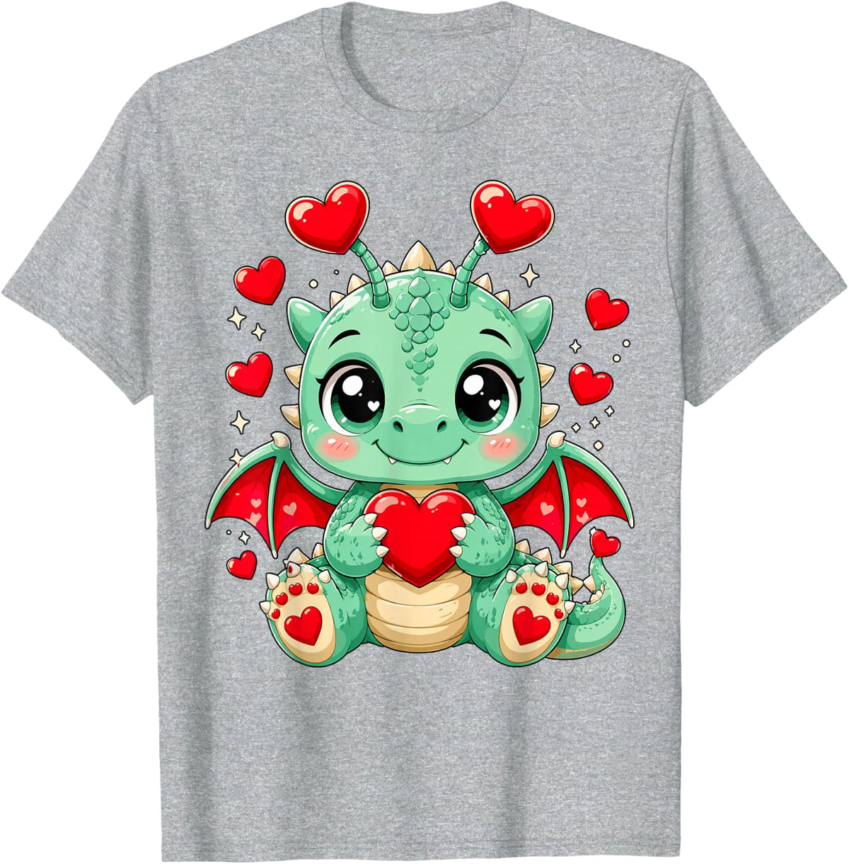Cute Dragon with Hearts Valentine Fantasy Animal T-Shirt - Heather Grey