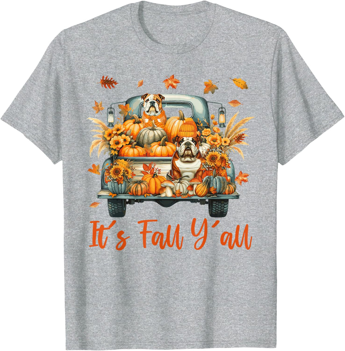 It's Fall Y'all English Bulldog Dog On Truck Thanksgiving T-Shirt - Heather Grey