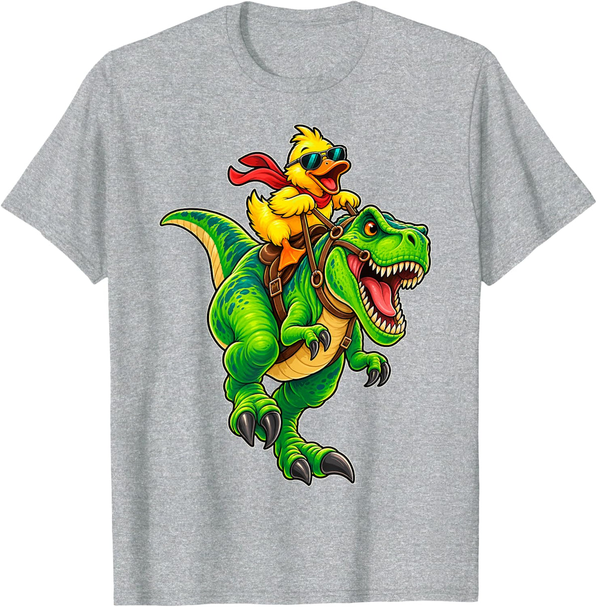 Duck Riding Dinosaur T-Rex Animal Lover Humor T-Shirt - Heather Grey