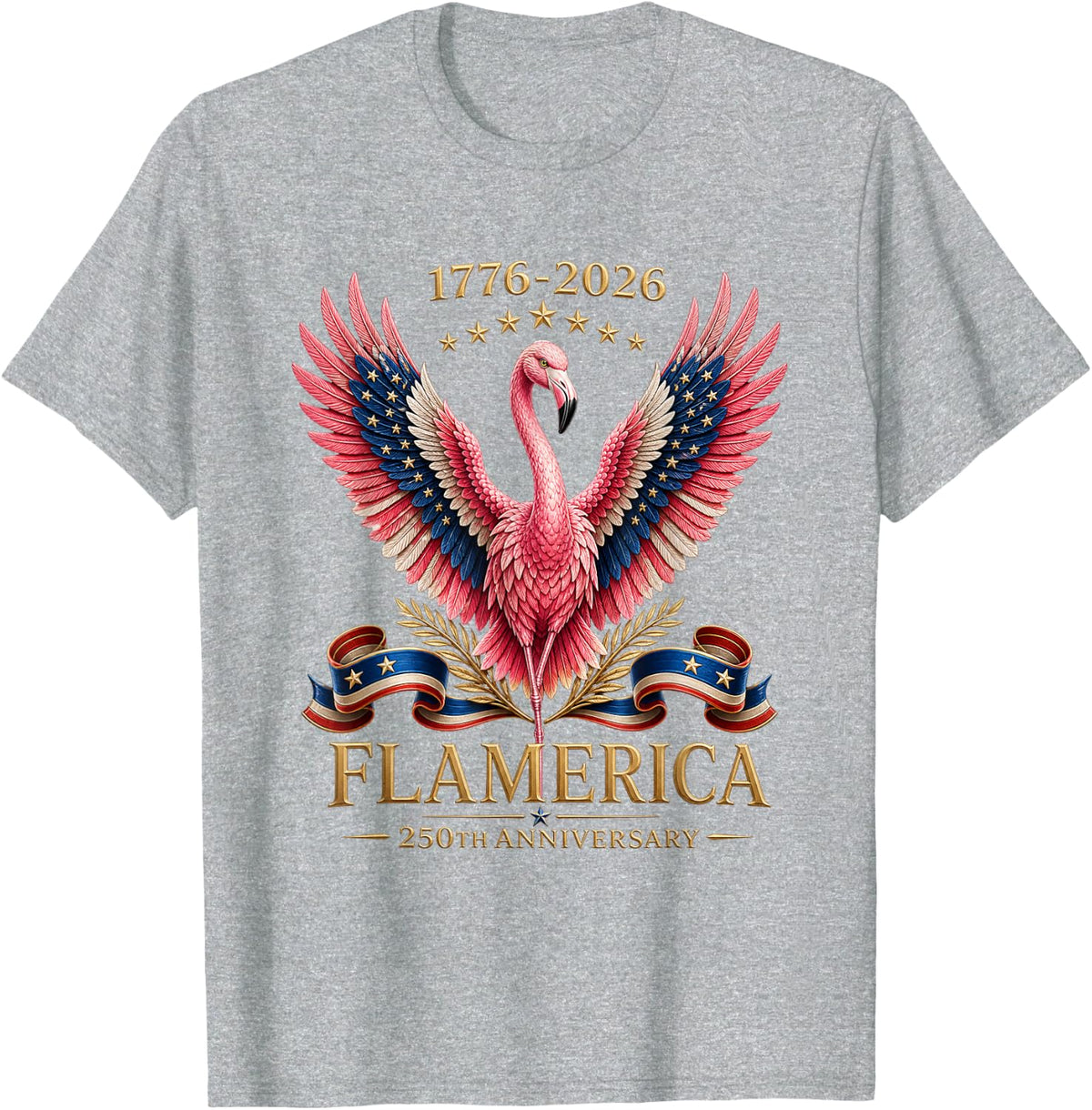 Flamerica Flamingo 1776 2026 Patriotic 250th Anniversary T-Shirt - Heather Grey