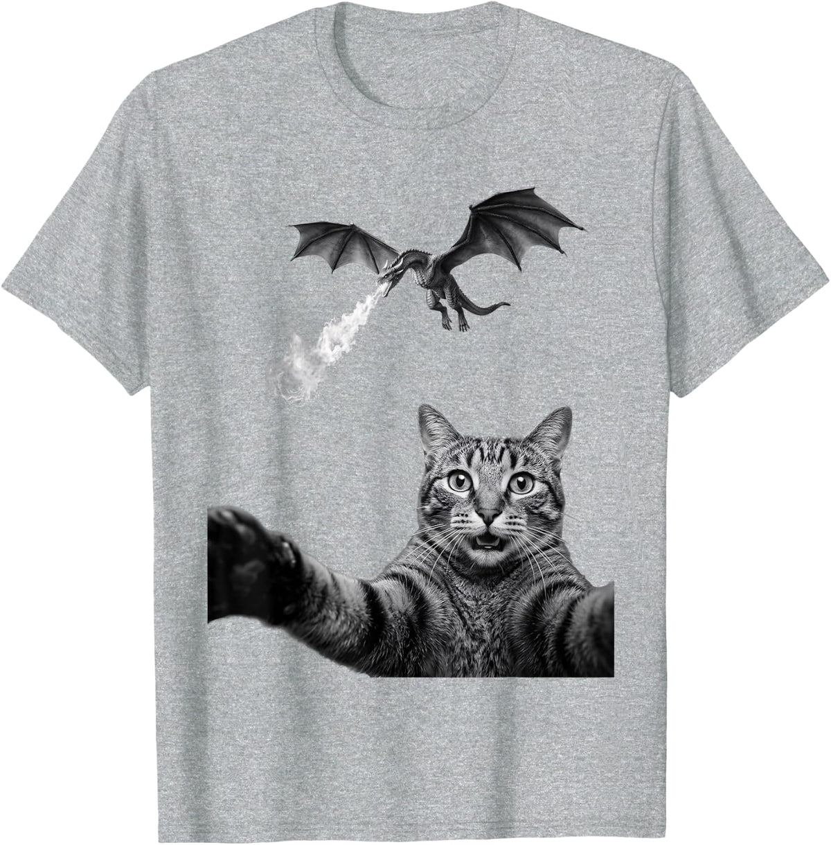 Funny Cat Taking Selfie with Fire Breathing Dragon Meme T-Shirt - Heather Grey
