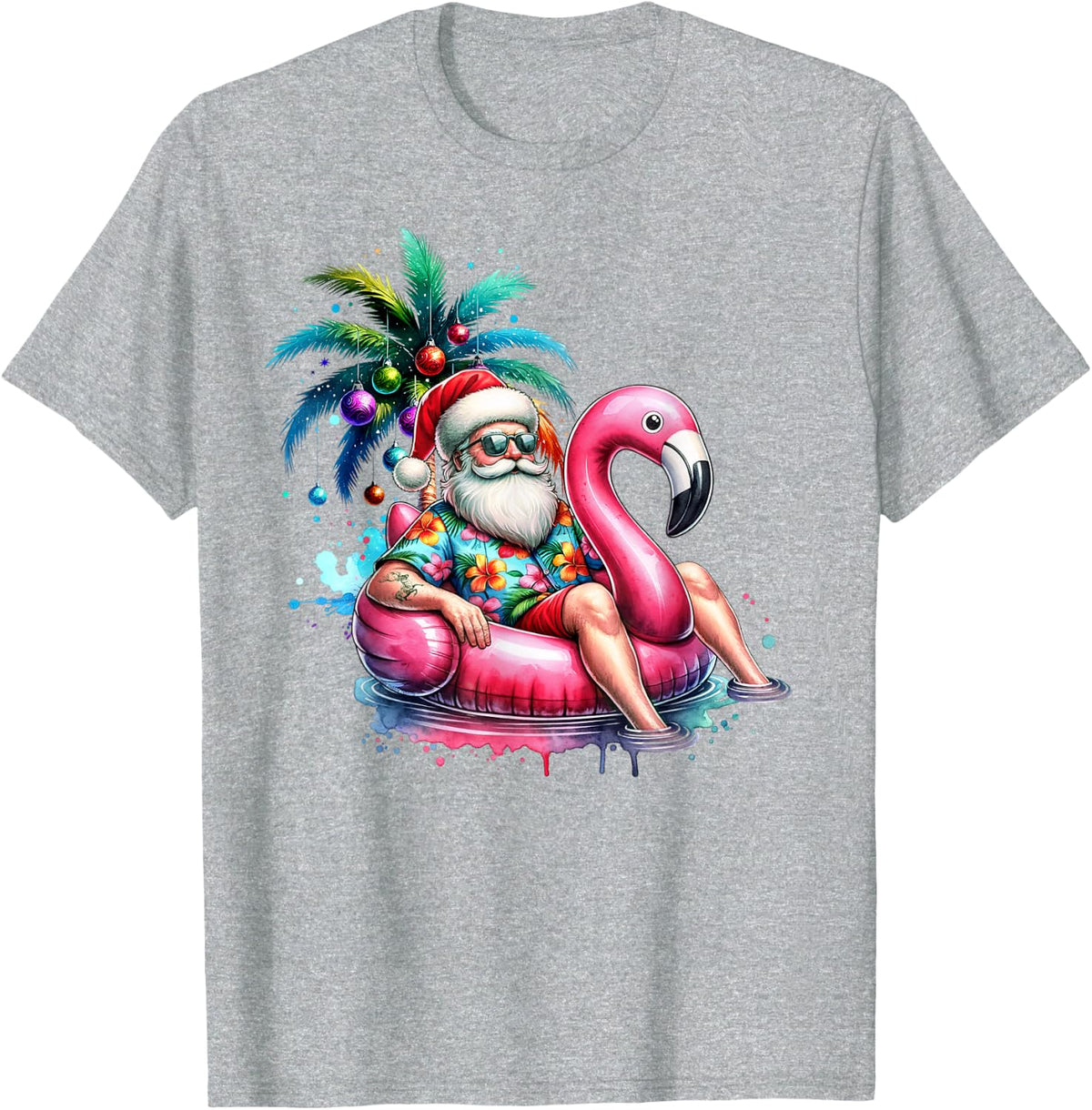 Hawaiian Shirt Santa Flamingo Palm Tree Christmas in July T-Shirt - Heather Grey