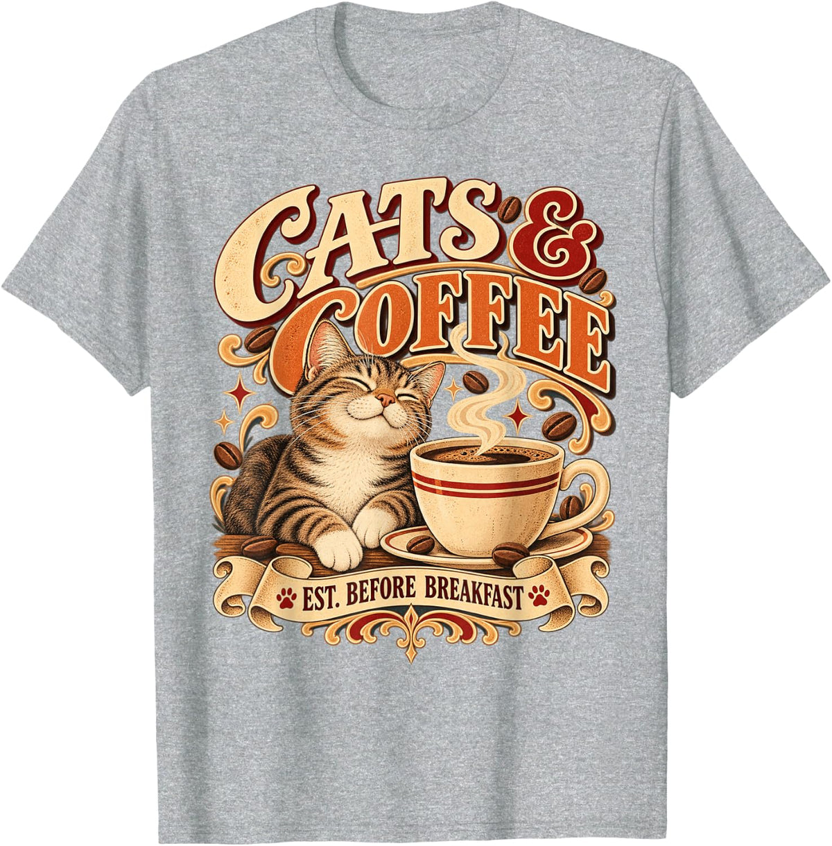 Cats and Coffee Vintage Tabby Cat Lover Design T-Shirt - Heather Grey
