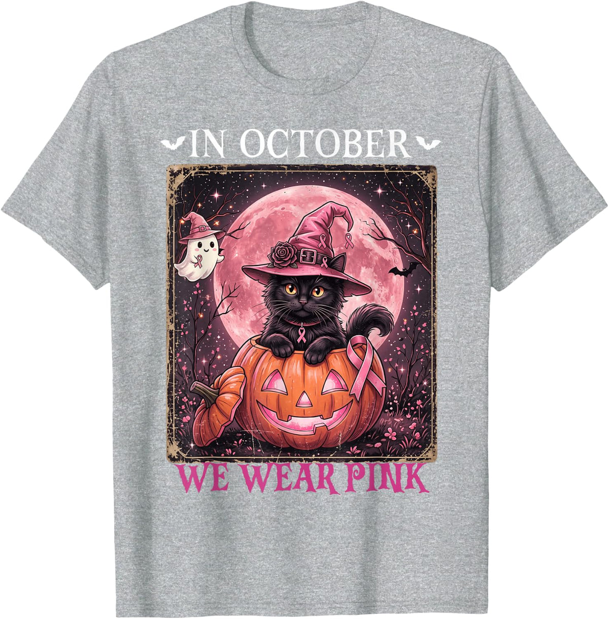 in October We Wear Pink Cat Witch Breast Cancer Awareness T-Shirt - Heather Grey