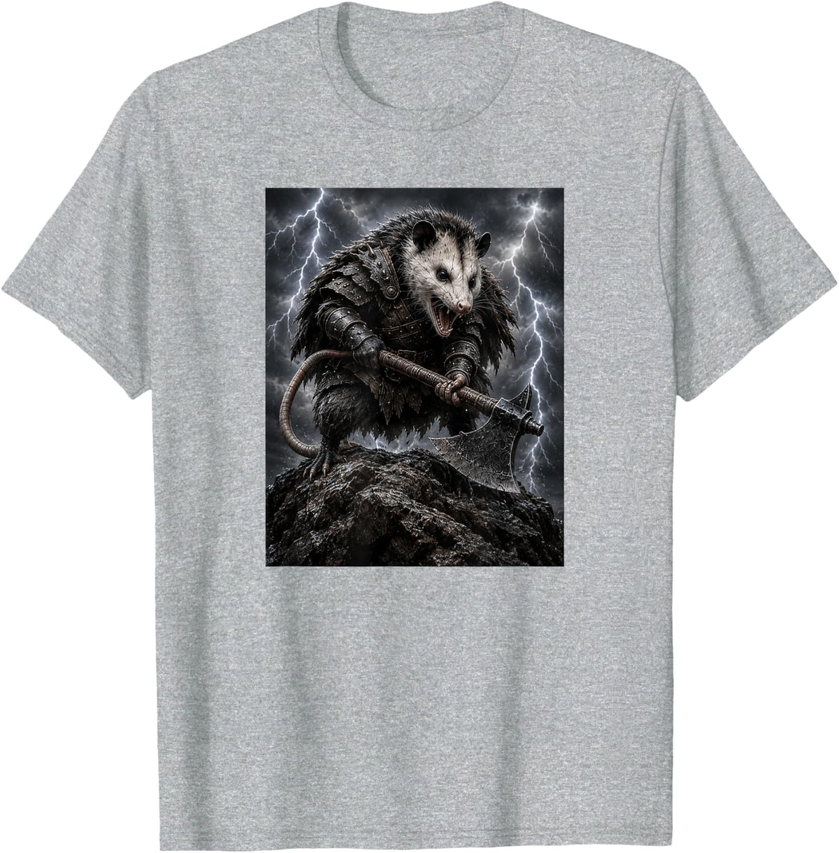Opossum Warrior with Axe Lightning Storm T-Shirt - Heather Grey