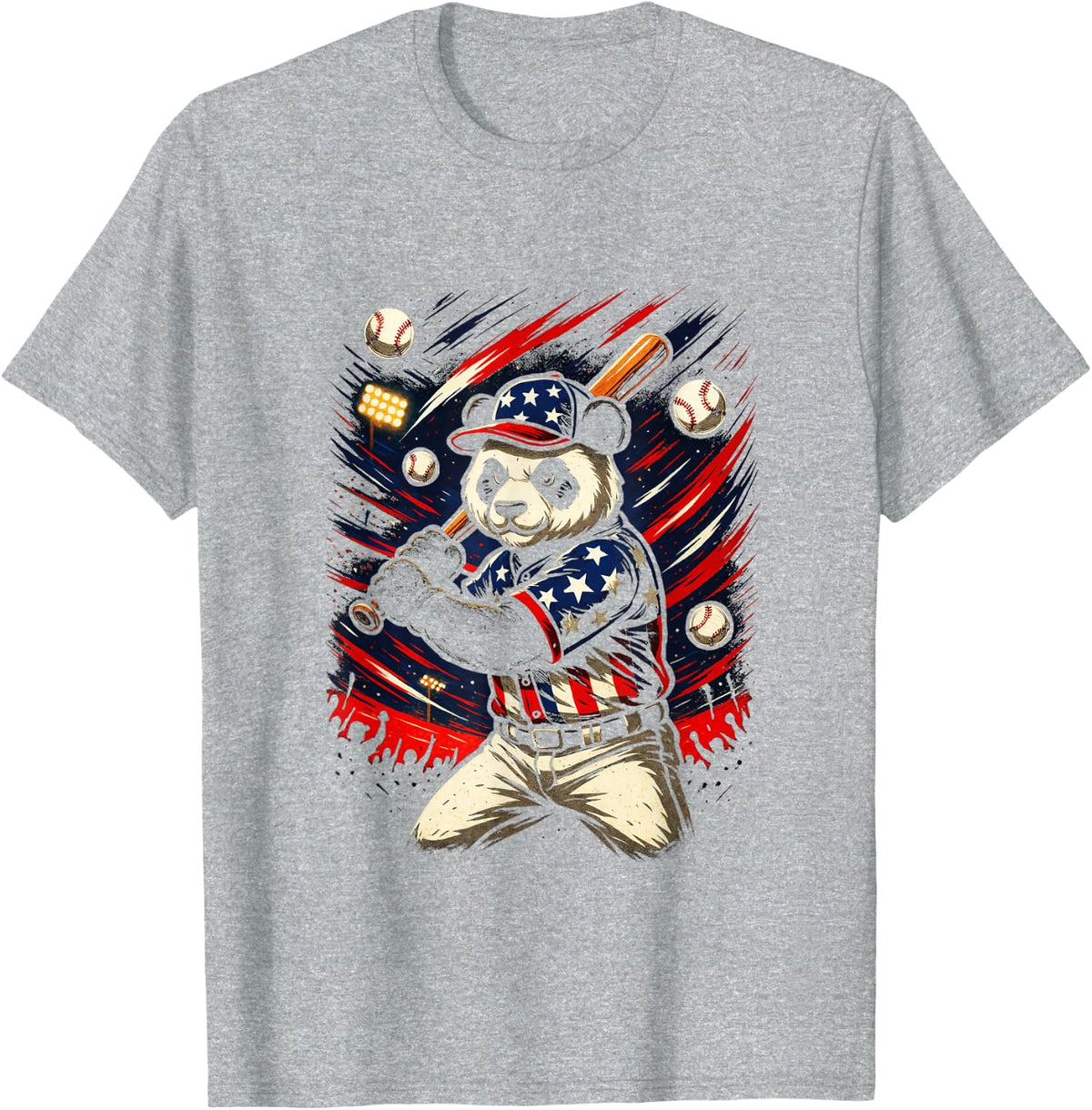 Panda Player - Baseball USA Cartoon Fun T-Shirt - Heather Grey