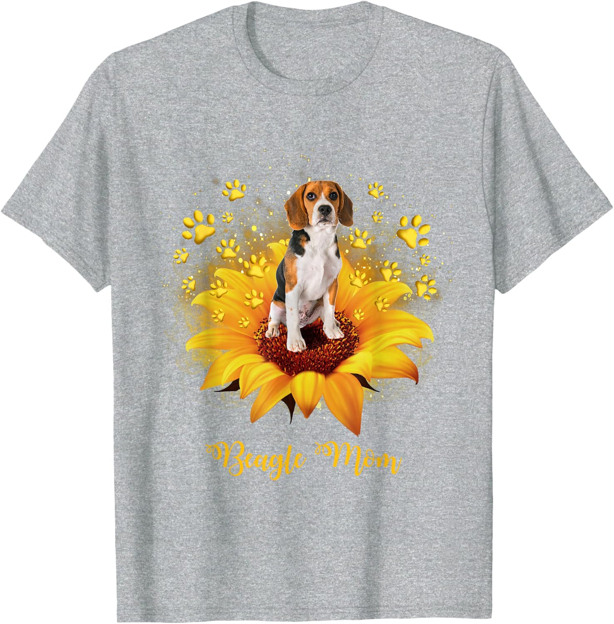 Beagle Mom Sunflower with Dog Paw Mother's Day T-Shirt - Heather Grey