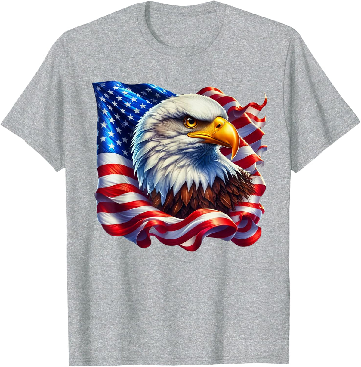 Freedom's Wings: Majestic Bald Eagle & American Flag Emblem T-Shirt - Heather Grey