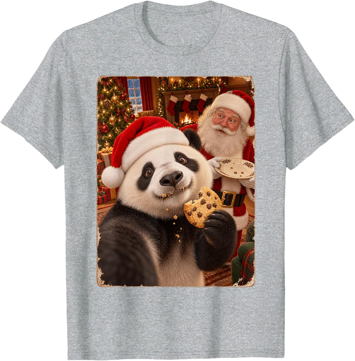 Panda Christmas Selfie Funny Santa Cookie T-Shirt - Heather Grey