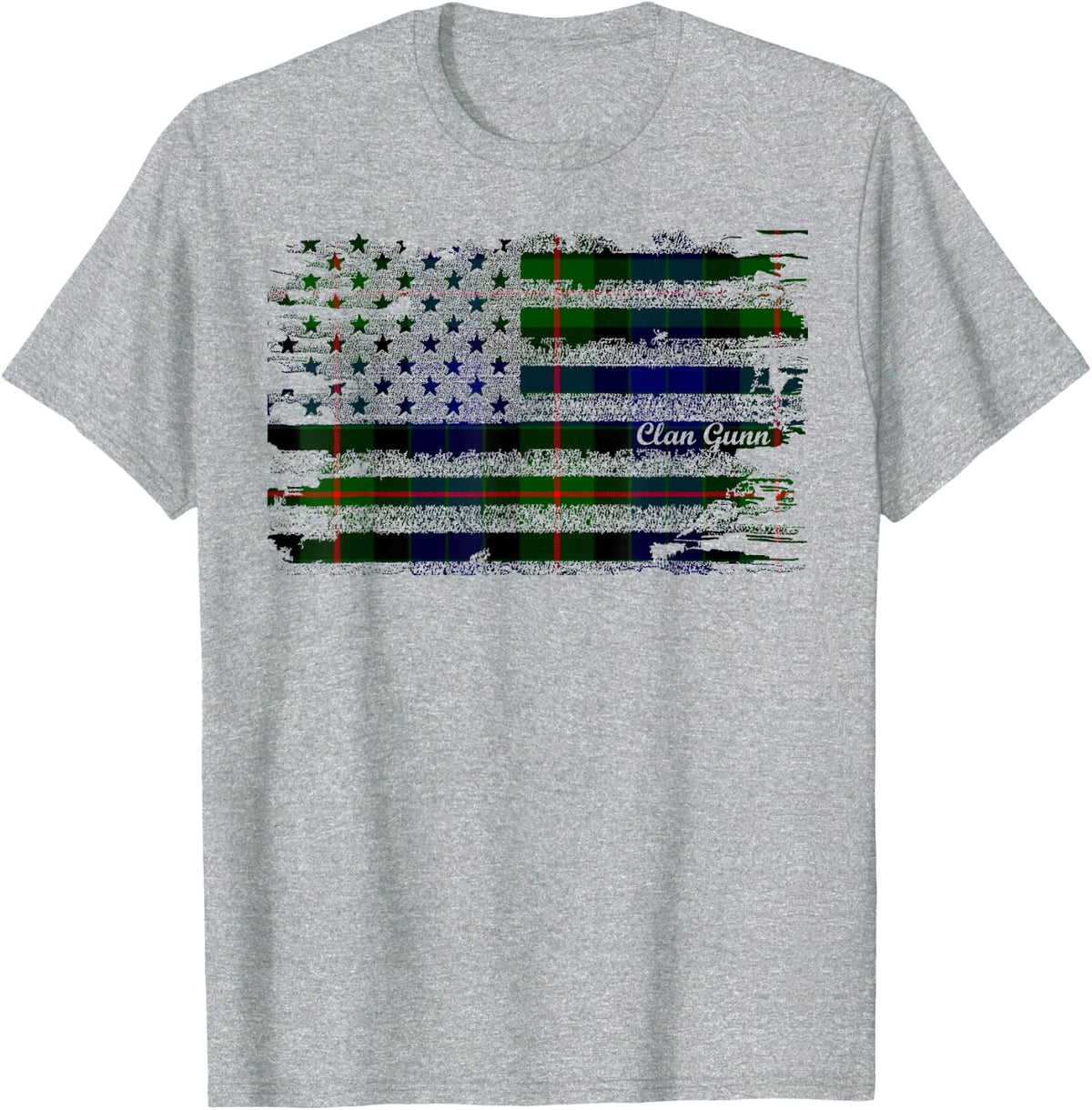 Clan Gunn American Flag Scottish Tartan T-Shirt - Heather Grey