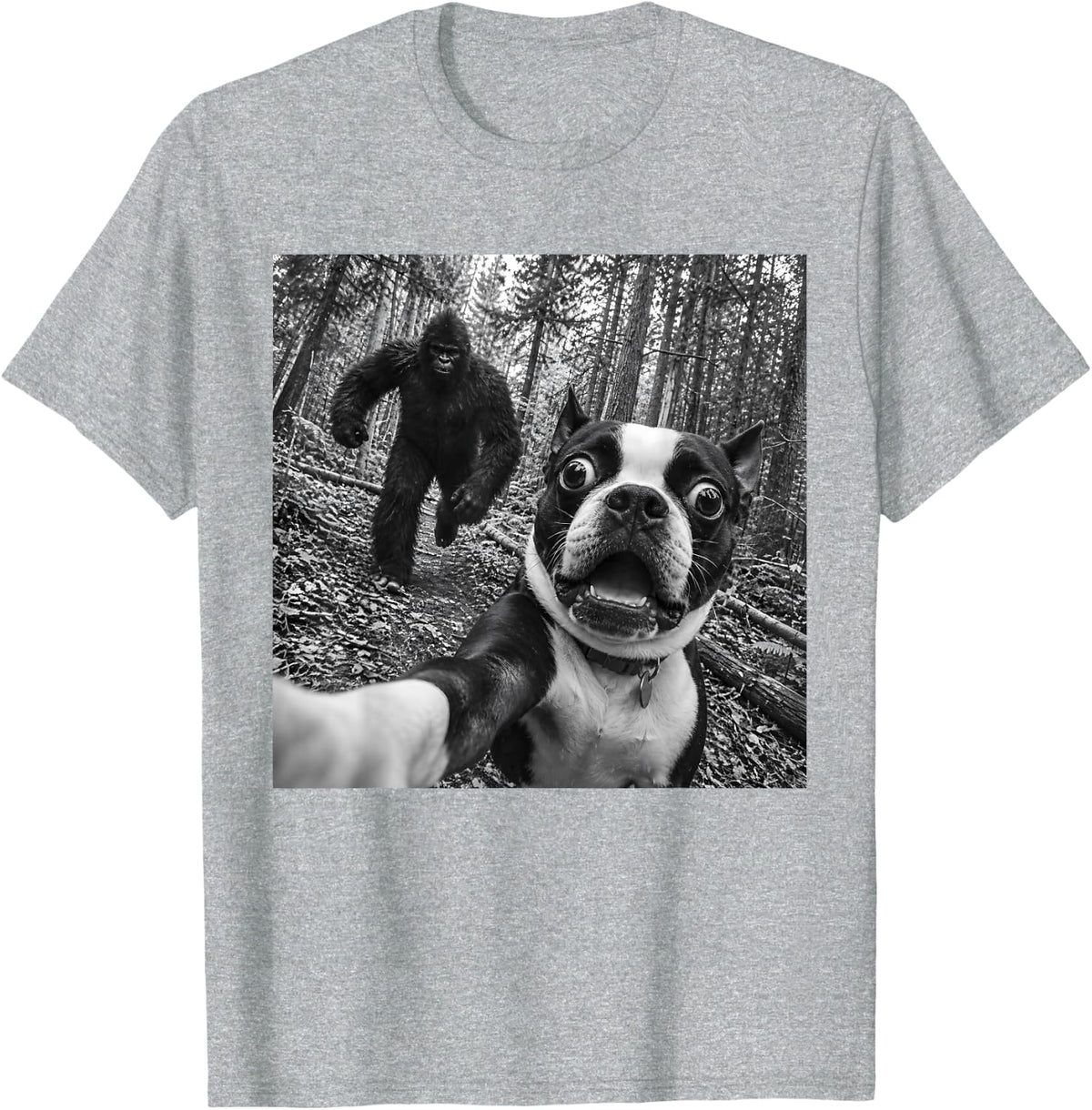 Boston Terrier Bigfoot Selfie Funny Sasquatch Photobomb Dog T-Shirt - Heather Grey