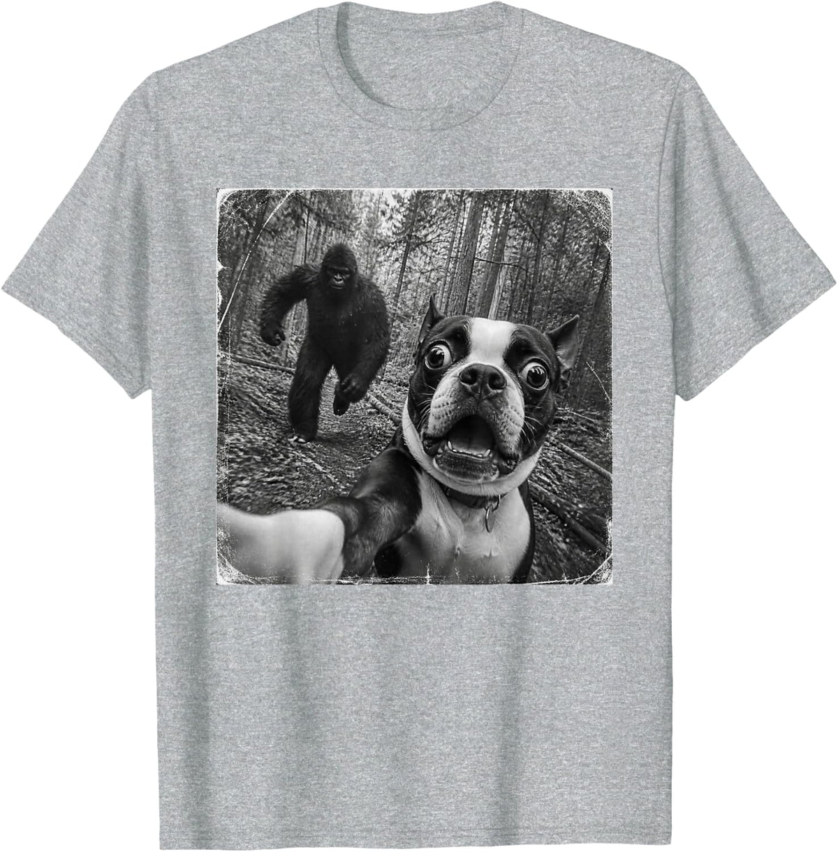 Funny Bigfoot Boston Terrier T-Shirt - Heather Grey