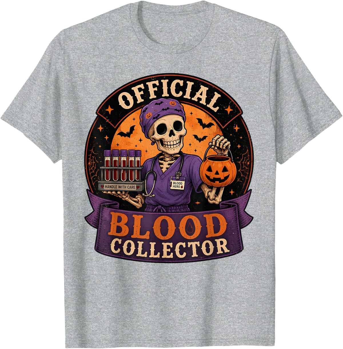 Official Blood Collector Phlebotomist Halloween Skeleton T-Shirt - Heather Grey