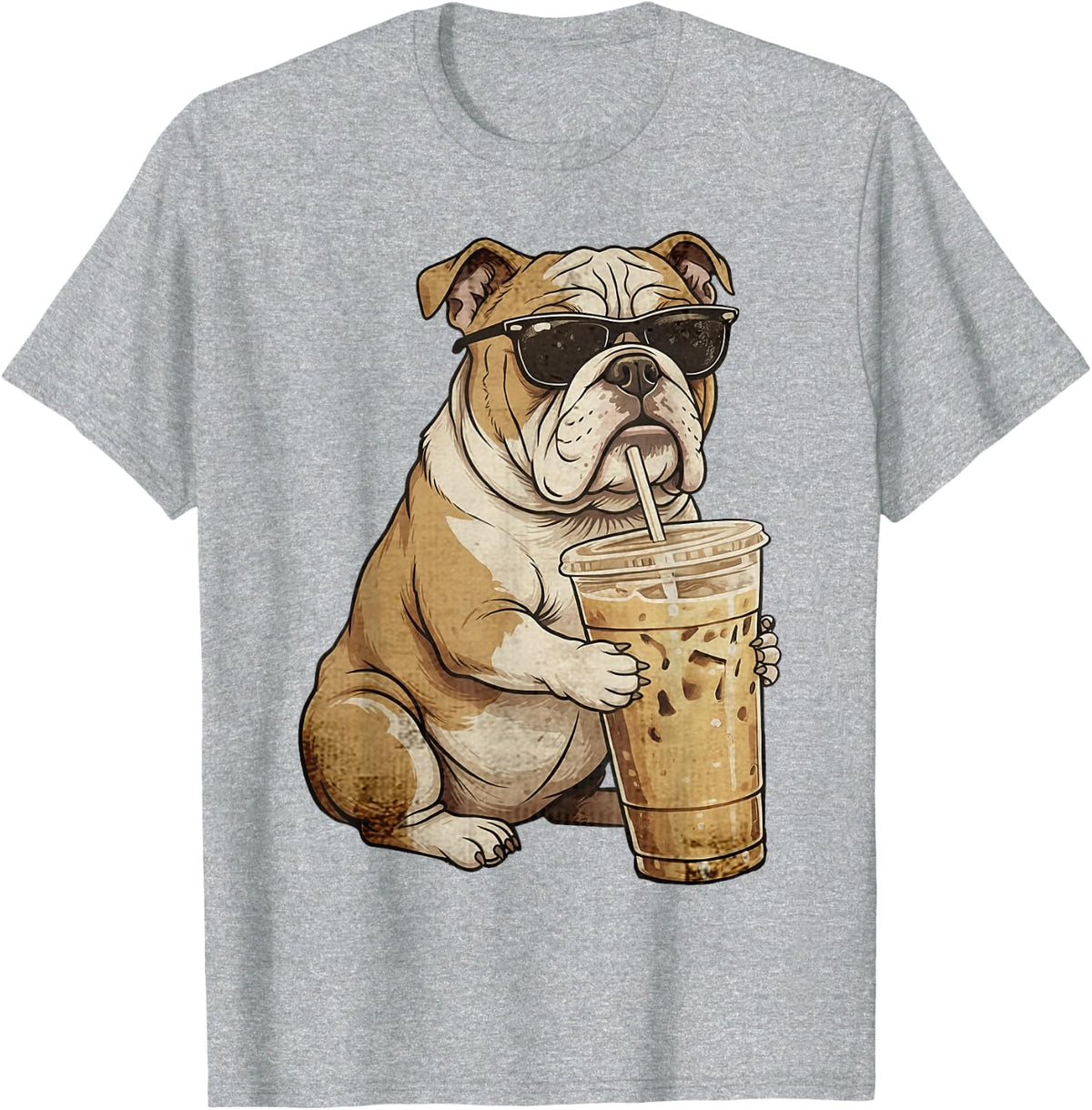 Funny Bulldog Drinking Iced Coffee Retro Dog Meme Sunglasses T-Shirt - Heather Grey