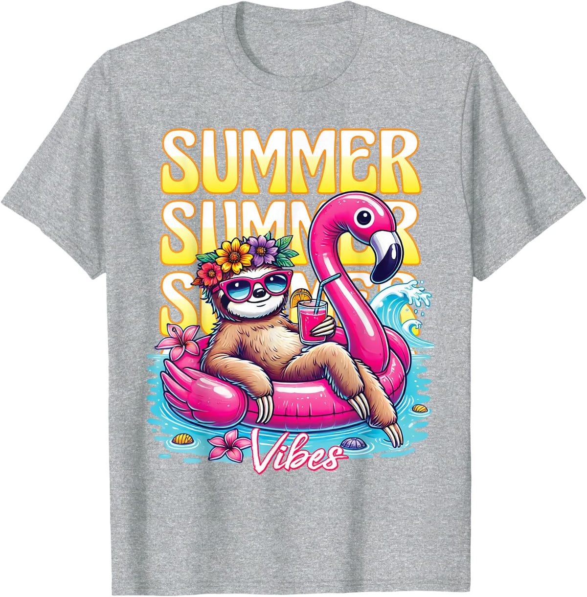 Summer Vibes Funny Sloth Sunglasses Beach Cute Vacation T-Shirt - Heather Grey
