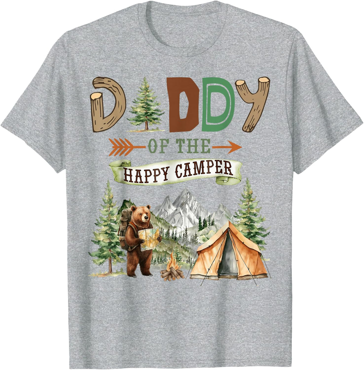 Daddy of The Happy Camper First Birthday Camping T-Shirt - Heather Grey