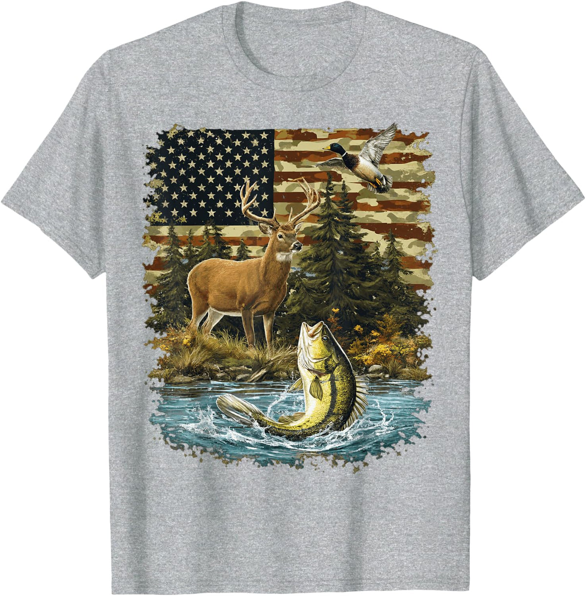 American Flag Deer Bass Duck Hunting and Fishing Design T-Shirt - Heather Grey