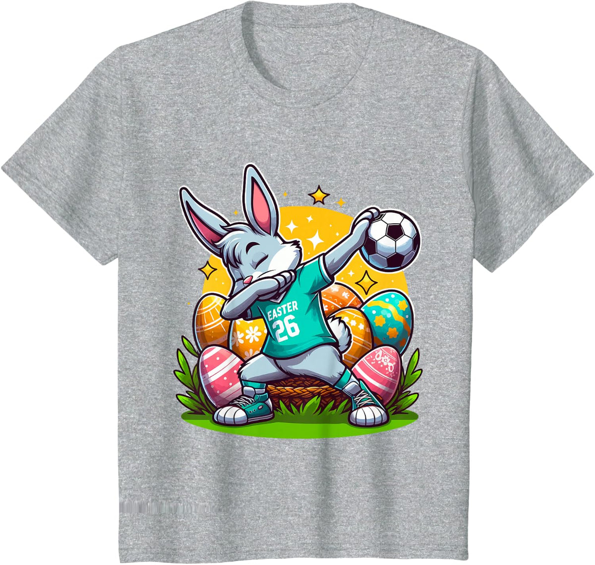 Easter Bunny player dabbing with Soccer Ball easter day kids T-Shirt - Heather Grey