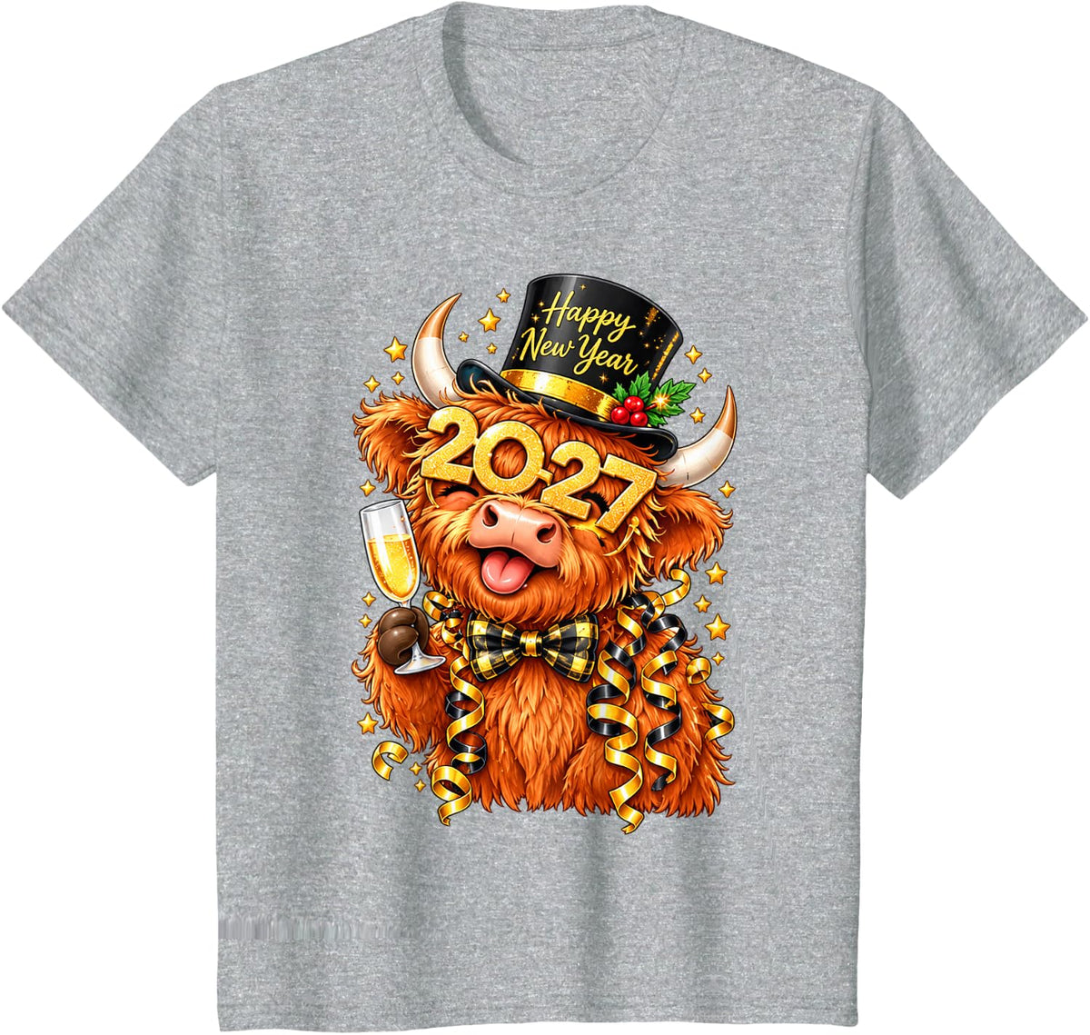 Happy New Year 2027 Shirt Highland Cow Champagne Party T-Shirt - Heather Grey